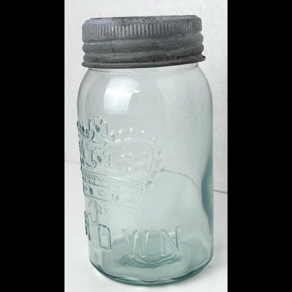 Antique CROWN Quart Aqua Blue Glass Canning Jar Zinc Ring Glass Lid Complete - Picture 3 of 14